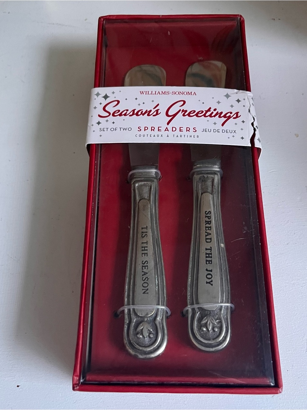 Williams Sonoma set of two Holiday spreaders set Seasons Greetings